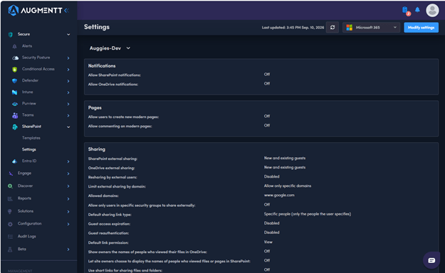 Augmentt SharePoint settings screen showing notification, page, and sharing controls for a client tenant