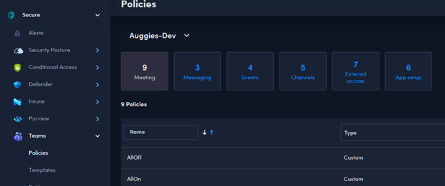 Augmentt Teams Policies screen showing counts for Meeting, Messaging, Events, Channels, External Access, and App Setup policies