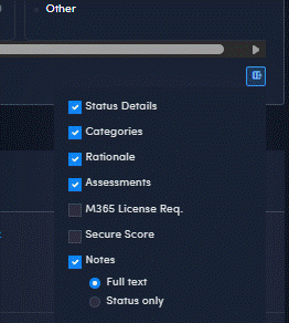 Augmentt audit table column selector with checkboxes for status details, categories, rationale and notes