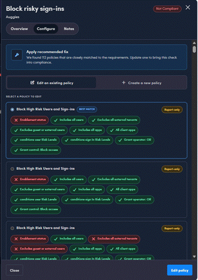Augmentt Configure tab showing existing Conditional Access policies with a best match and per-requirement pass or fail