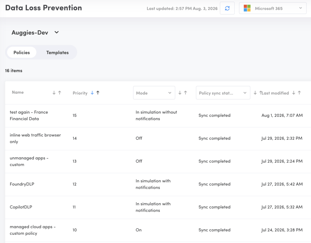 Augmentt Purview Data Loss Prevention page listing a tenant’s DLP policies with mode and sync status