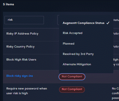Augmentt Resolve Check dialog setting a posture check status to Planned with status details