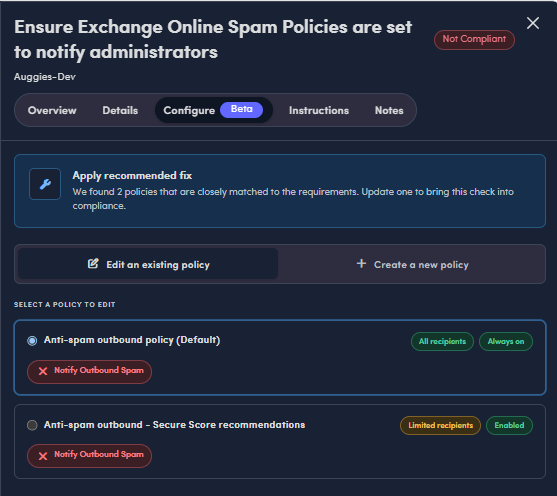 Augmentt Configure tab for a Defender EOP posture check, showing a recommended fix and a choice between editing an existing policy or creating a new one