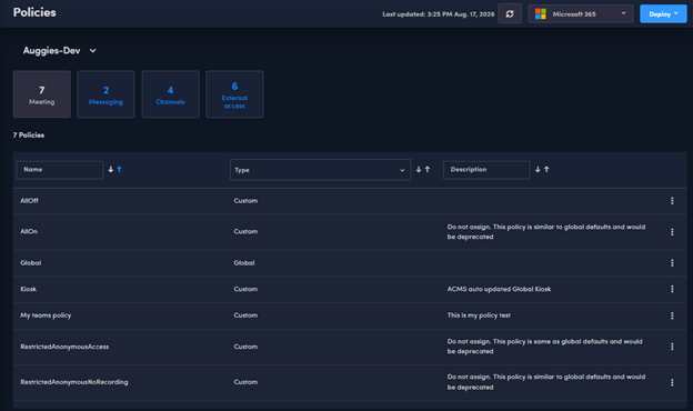 Augmentt Teams Policies list showing counts for Meeting, Messaging, Channels, and External access policies across a tenant
