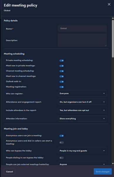 Augmentt inline edit view of a Teams meeting policy, showing toggles for meeting scheduling, join and lobby settings