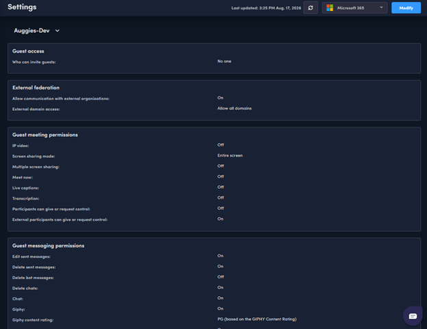 Augmentt Teams Settings screen showing guest access, external federation, and guest meeting and messaging permissions for a client tenant