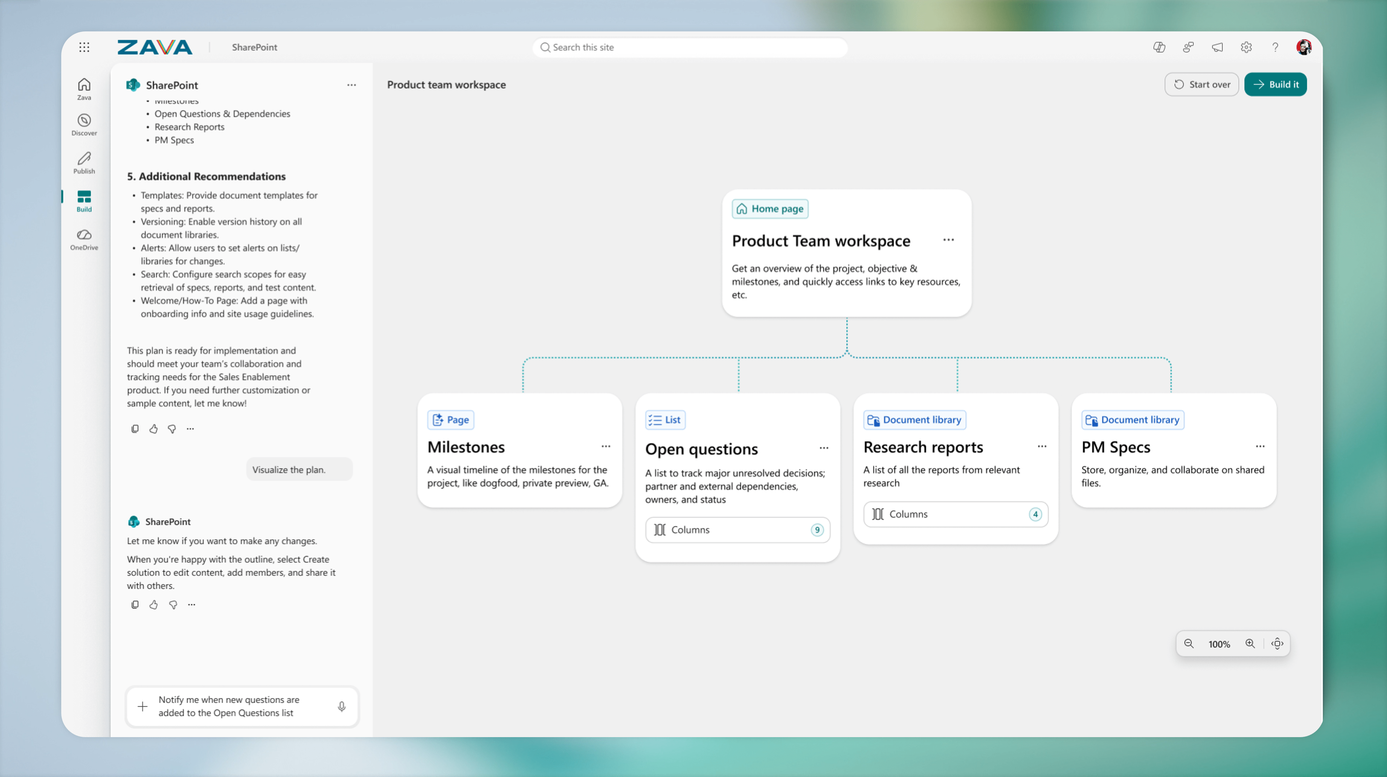 AI in SharePoint interface showing natural language site and library creation powered by Anthropic Claude